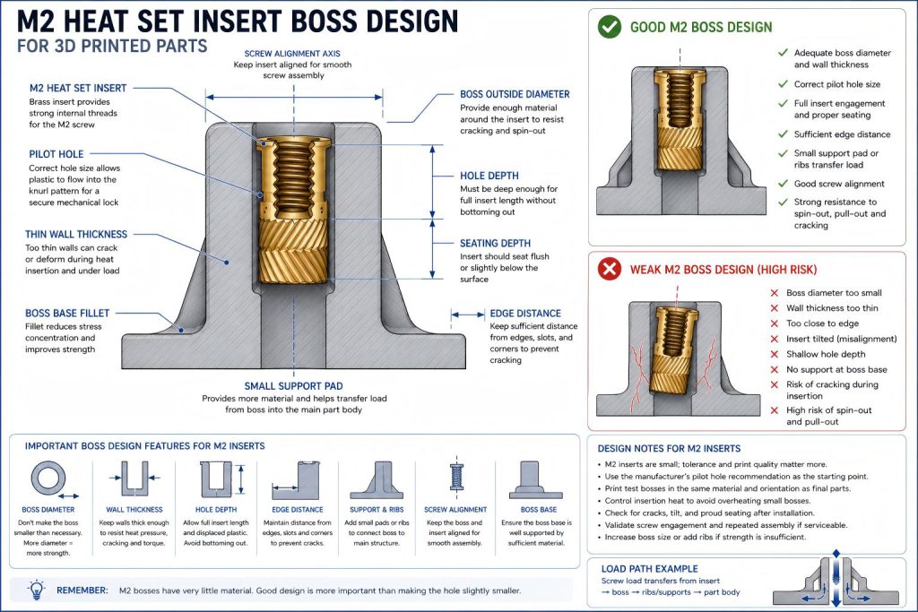 Engineering cross-section diagram showing M2 heat set insert boss design in a small 3D printed part, including thin wall thickness, pilot hole, edge distance, screw alignment, support pad, seating depth, and cracking risk.