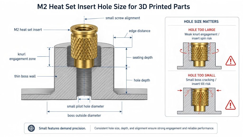Engineering cross-section diagram showing M2 heat set insert pilot hole size, thin boss wall, hole depth, knurl engagement, seating depth, edge distance, and risks of oversized or undersized holes in small 3D printed parts.