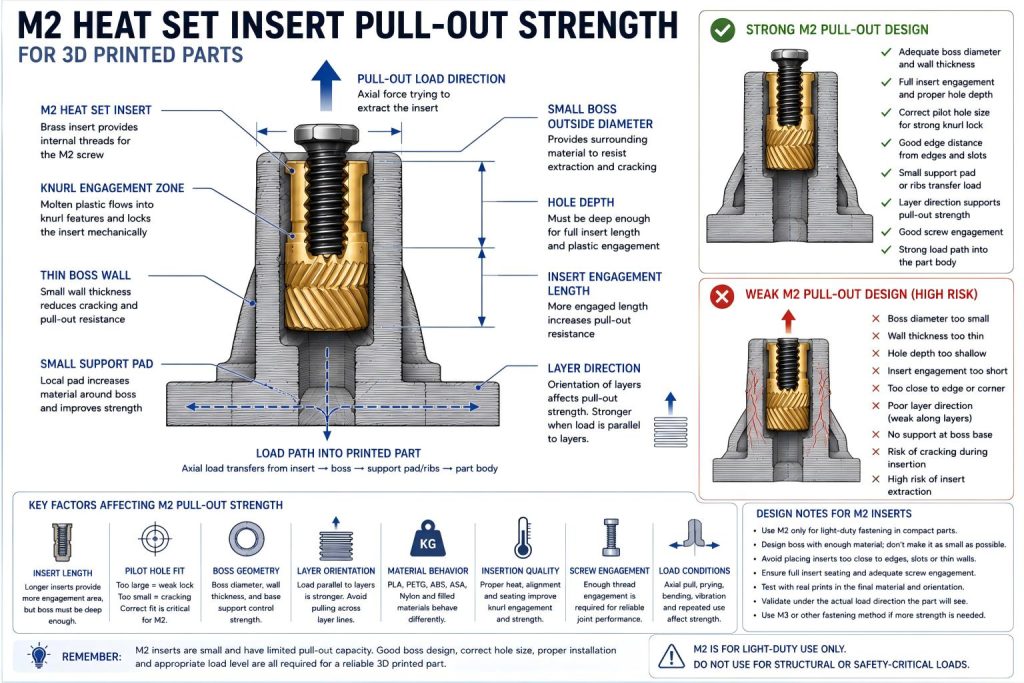 Engineering cross-section diagram showing M2 heat set insert pull-out strength in a small 3D printed boss, including pull-out load direction, knurl engagement, thin wall thickness, screw engagement, layer direction, support pad, and extraction risk.