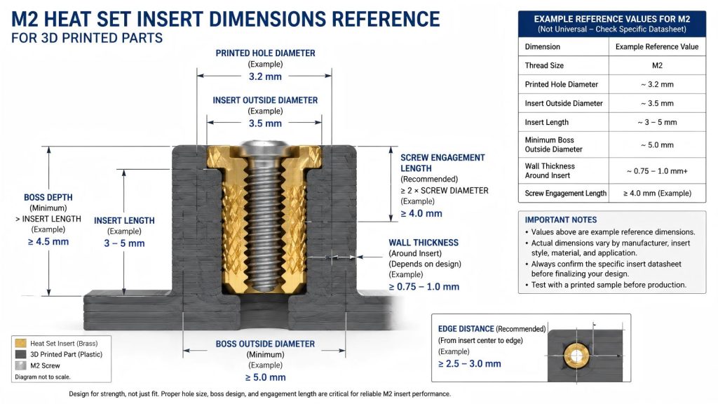 M2 heat set insert dimensions diagram showing hole diameter, insert outside diameter, insert length, boss diameter, boss depth, wall thickness, and screw engagement in a 3D printed part.