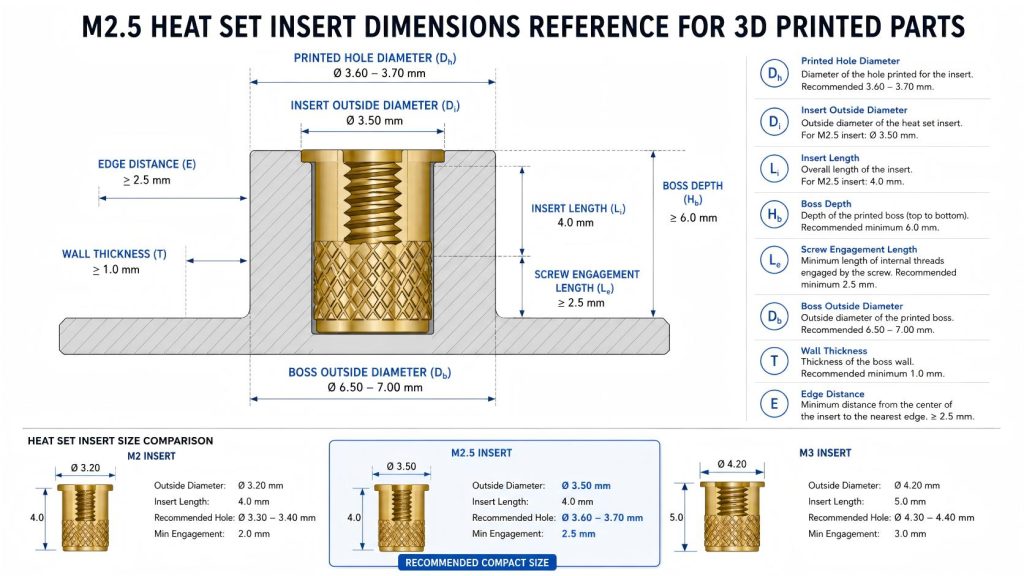 M2.5 heat set insert dimensions diagram showing hole diameter, insert outside diameter, insert length, boss diameter, boss depth, wall thickness, screw engagement, edge distance, and comparison with M2 and M3 inserts.
