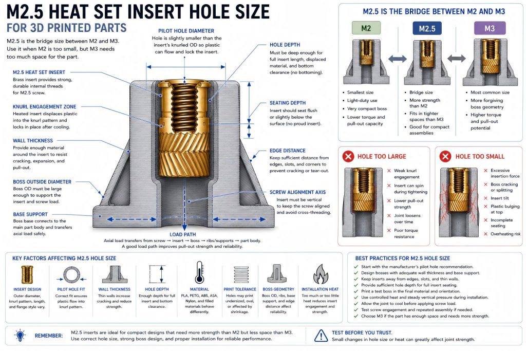 Engineering cross-section diagram showing M2.5 heat set insert pilot hole size in a compact 3D printed boss, with wall thickness, hole depth, knurl engagement, seating depth, edge distance, screw alignment, and M2 vs M2.5 vs M3 comparison.