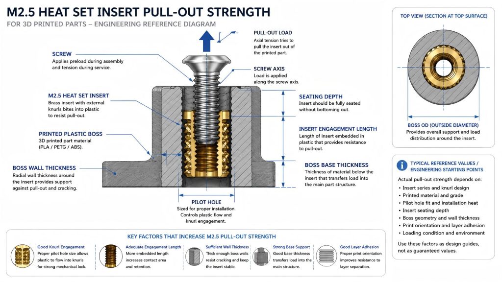 CAD-style cross-section diagram of an M2.5 heat set insert in a 3D printed boss showing pull-out load direction, insert engagement, seating depth, boss wall thickness, boss base thickness, and screw axis.