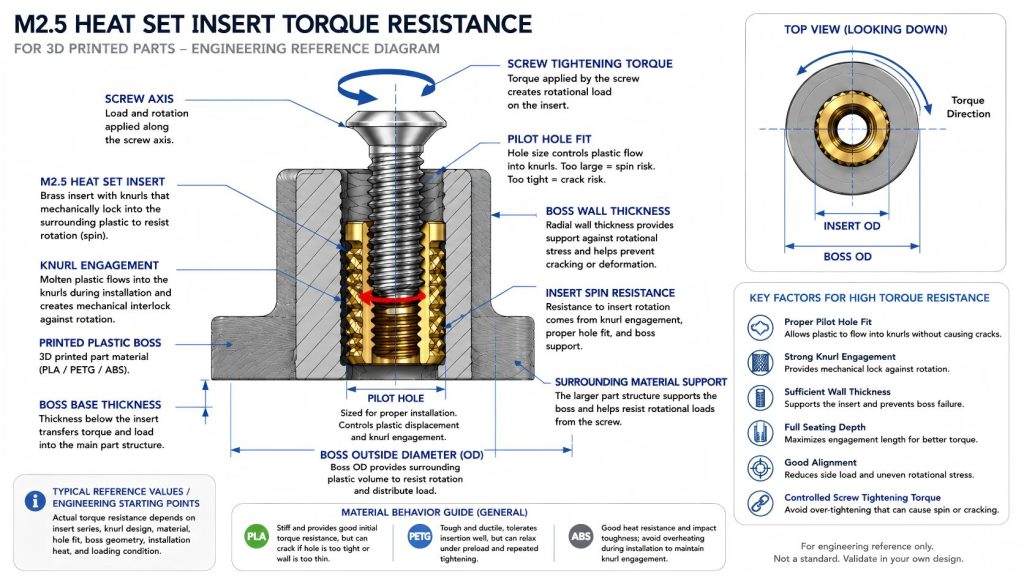 CAD-style cross-section diagram of an M2.5 heat set insert in a 3D printed plastic boss showing screw tightening torque, insert spin resistance, knurl engagement, boss wall thickness, pilot hole fit, and screw axis.