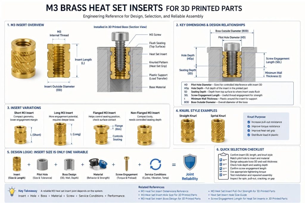 Technical product reference diagram showing an M3 brass heat set insert for 3D printed parts, including internal thread, insert length, knurl pattern, pilot hole relationship, boss support, screw engagement, and seating depth.