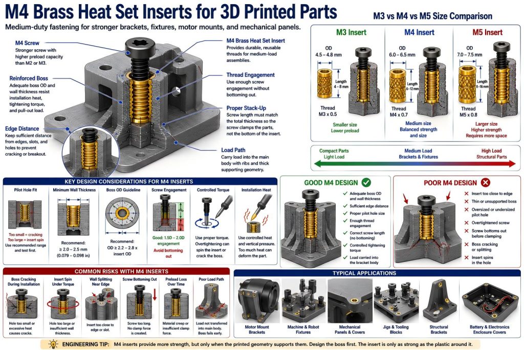 Technical diagram showing M4 brass heat set inserts for 3D printed parts, with reinforced boss design, M4 screw engagement, wall thickness, edge distance, preload control, M3 versus M4 versus M5 comparison, and common risks such as boss cracking and insert spin.