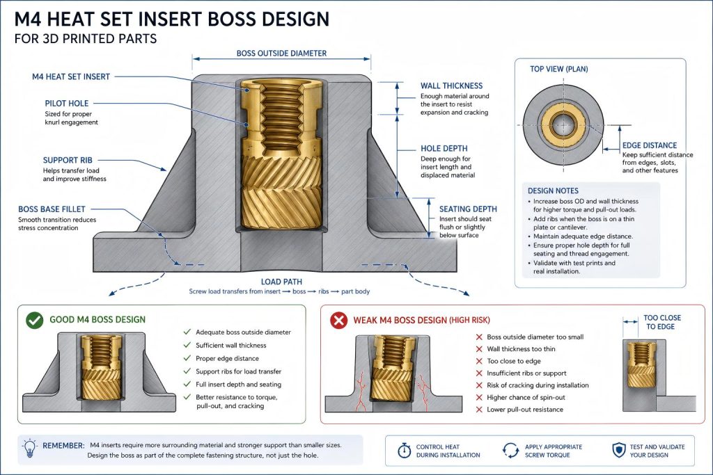 Engineering cross-section diagram showing M4 heat set insert boss design in a 3D printed part, including boss outside diameter, wall thickness, pilot hole, support ribs, edge distance, seating depth, and load path.