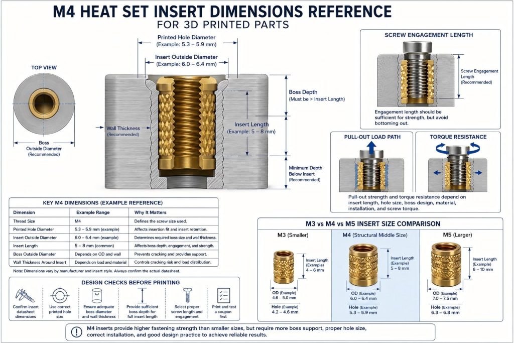 M4 heat set insert dimensions diagram showing hole diameter, insert outside diameter, insert length, boss diameter, boss depth, wall thickness, screw engagement, edge distance, pull-out load path, torque resistance, and comparison with M3 and M5 inserts.