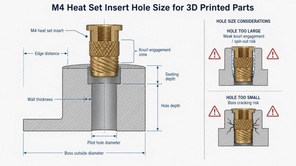 Engineering cross-section diagram showing M4 heat set insert pilot hole size, boss wall thickness, hole depth, knurl engagement, seating depth, and risks of oversized or undersized holes in 3D printed parts.