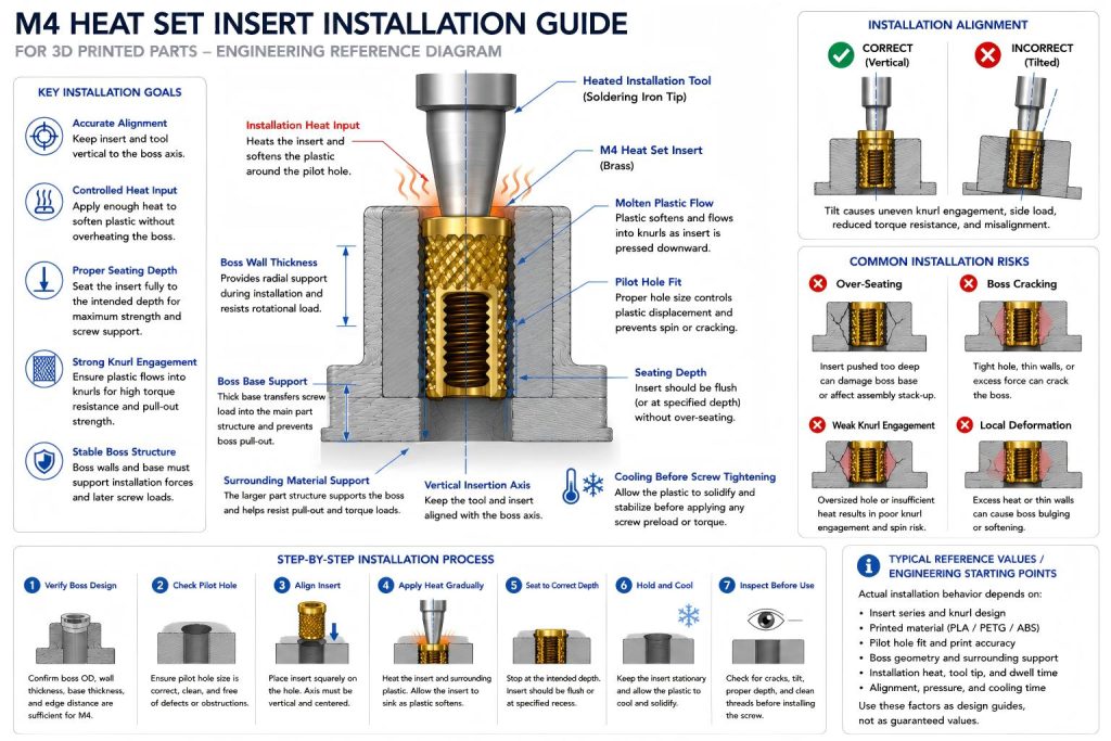 CAD-style cross-section diagram of an M4 heat set insert being installed into a 3D printed plastic boss showing heated tool contact, vertical insertion axis, pilot hole fit, seating depth, boss wall thickness, boss base support, and alignment risks.