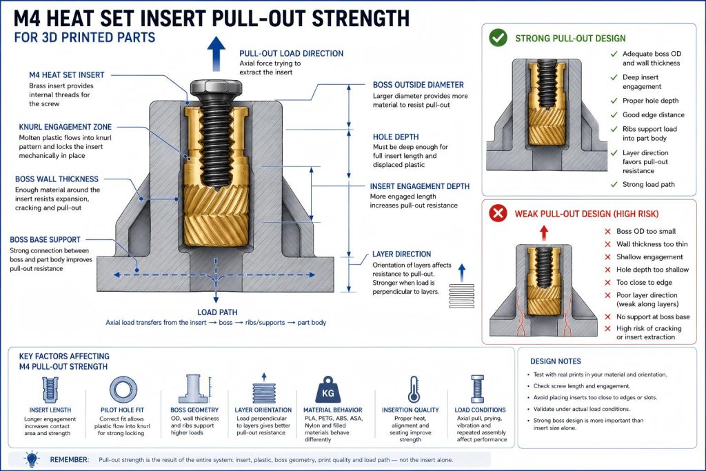 Engineering cross-section diagram showing M4 heat set insert pull-out strength in a 3D printed boss, including axial pull-out load direction, knurl engagement, wall thickness, layer direction, boss support, and load path.