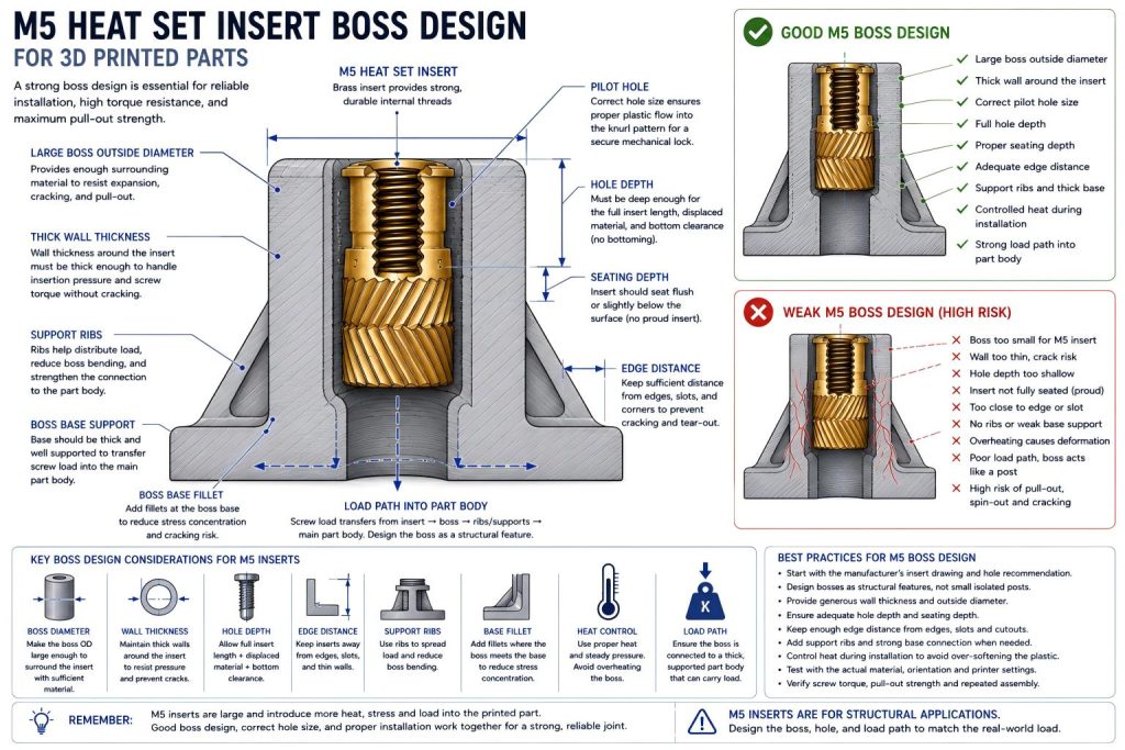 Engineering cross-section diagram showing M5 heat set insert boss design in a large 3D printed part, including large boss diameter, thick wall, pilot hole, edge distance, support ribs, heat affected zone, seating depth, and load path.