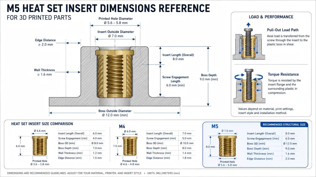 M5 heat set insert dimensions diagram showing hole diameter, insert outside diameter, insert length, boss diameter, boss depth, wall thickness, screw engagement, edge distance, pull-out load path, torque resistance, and comparison with M3 and M4 inserts.