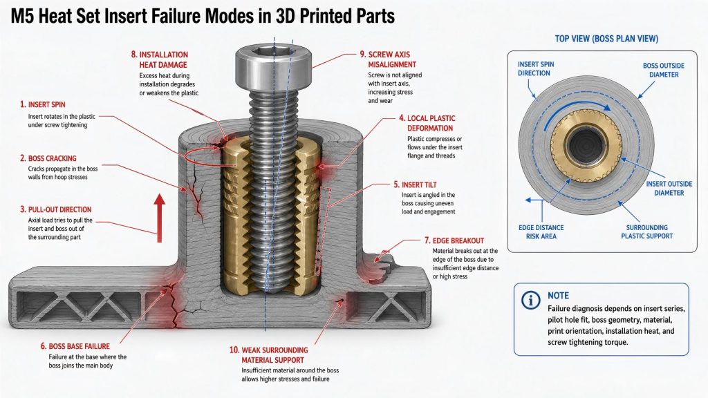 CAD-style failure mode diagram showing an M5 heat set insert in a 3D printed plastic boss with labeled insert spin, boss cracking, pull-out direction, boss base failure, local plastic deformation, insert tilt, edge breakout, installation heat damage, and screw axis misalignment.
