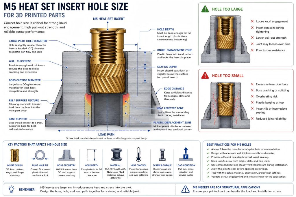 Engineering cross-section diagram showing M5 heat set insert pilot hole size, large boss wall thickness, hole depth, knurl engagement, seating depth, heat affected zone, plastic displacement, and risks of oversized or undersized holes in 3D printed parts.