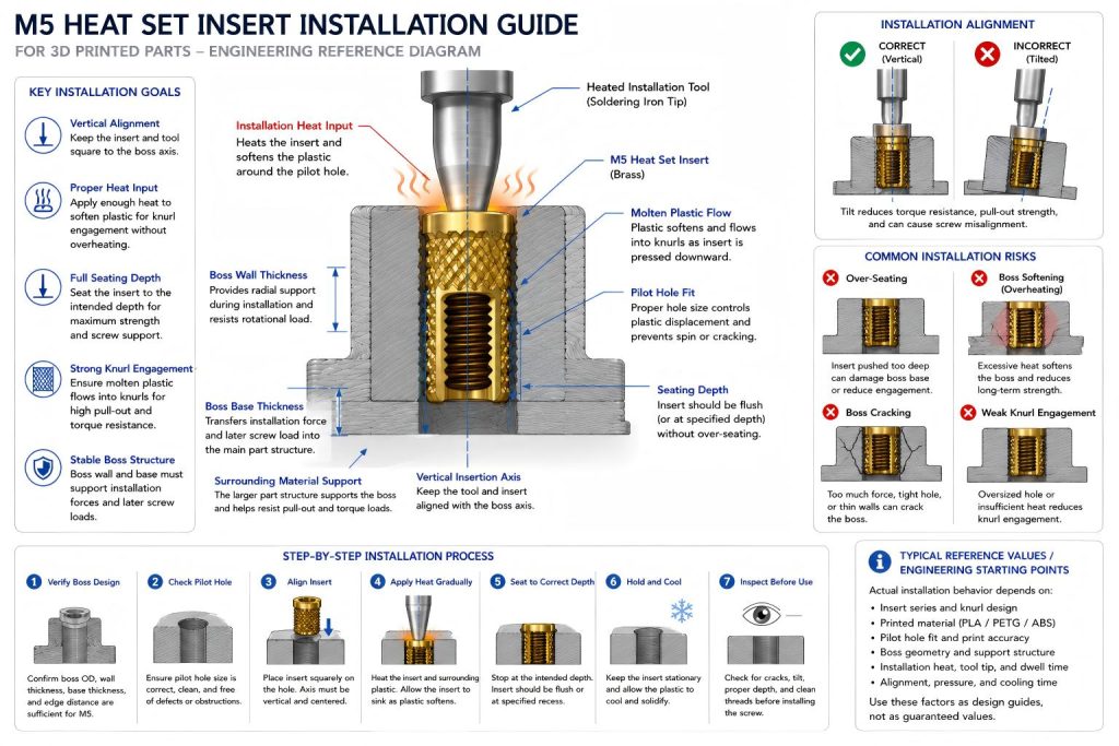 CAD-style cross-section diagram of an M5 heat set insert being installed into a 3D printed plastic boss showing heated tool contact, vertical insertion axis, pilot hole fit, seating depth, boss wall thickness, boss base thickness, and alignment risks.