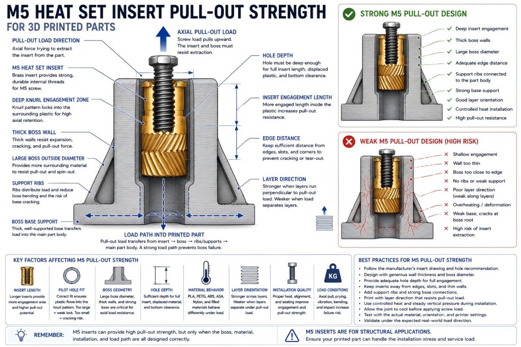 Engineering cross-section diagram showing M5 heat set insert pull-out strength in a large 3D printed boss, including axial pull-out load, deep knurl engagement, thick boss wall, support ribs, boss base support, layer direction, and load path.
