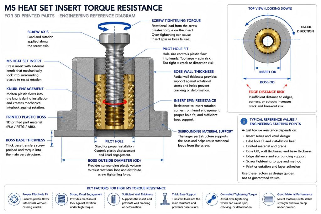 CAD-style cross-section diagram of an M5 heat set insert in a 3D printed plastic boss showing screw tightening torque, insert spin resistance, knurl engagement, pilot hole fit, boss wall thickness, boss base thickness, and surrounding material support.