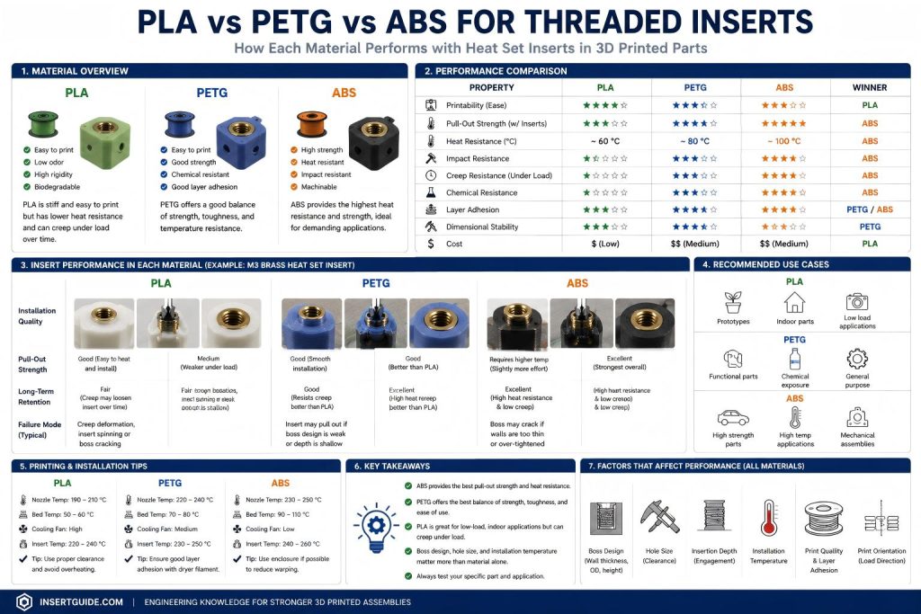 Engineering comparison infographic showing PLA vs PETG vs ABS performance for threaded inserts in 3D printed parts, including pull-out strength, heat resistance, boss cracking, creep resistance, installation behavior, and material compatibility with heat set inserts.