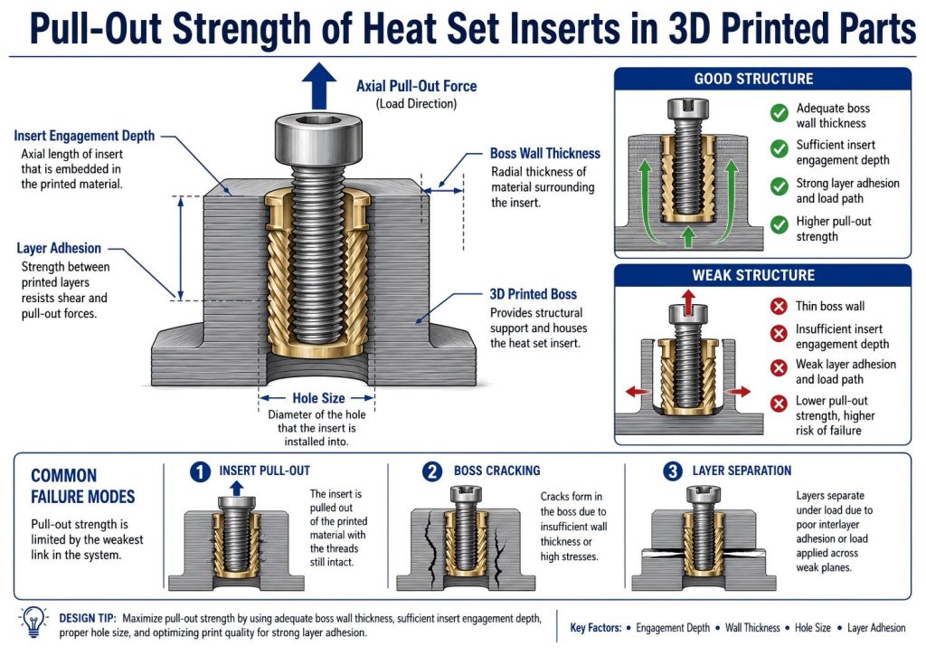 Technical engineering diagram showing pull-out strength of heat set inserts in 3D printed parts, including axial pull-out force, insert engagement depth, boss wall thickness, hole size, layer adhesion, material behavior, and common failure modes such as insert pull-out, boss cracking, and layer separation.