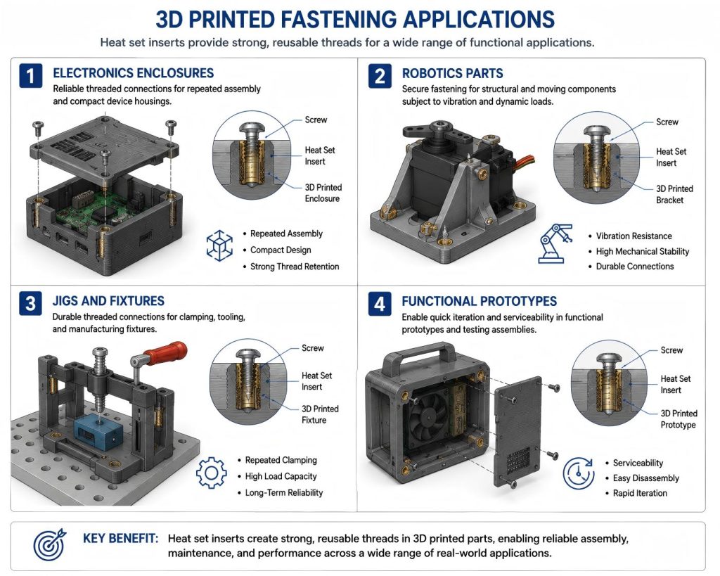 Engineering applications diagram showing electronics enclosures, robotics parts, jigs, fixtures, and functional prototypes using heat set inserts in 3D printed assemblies