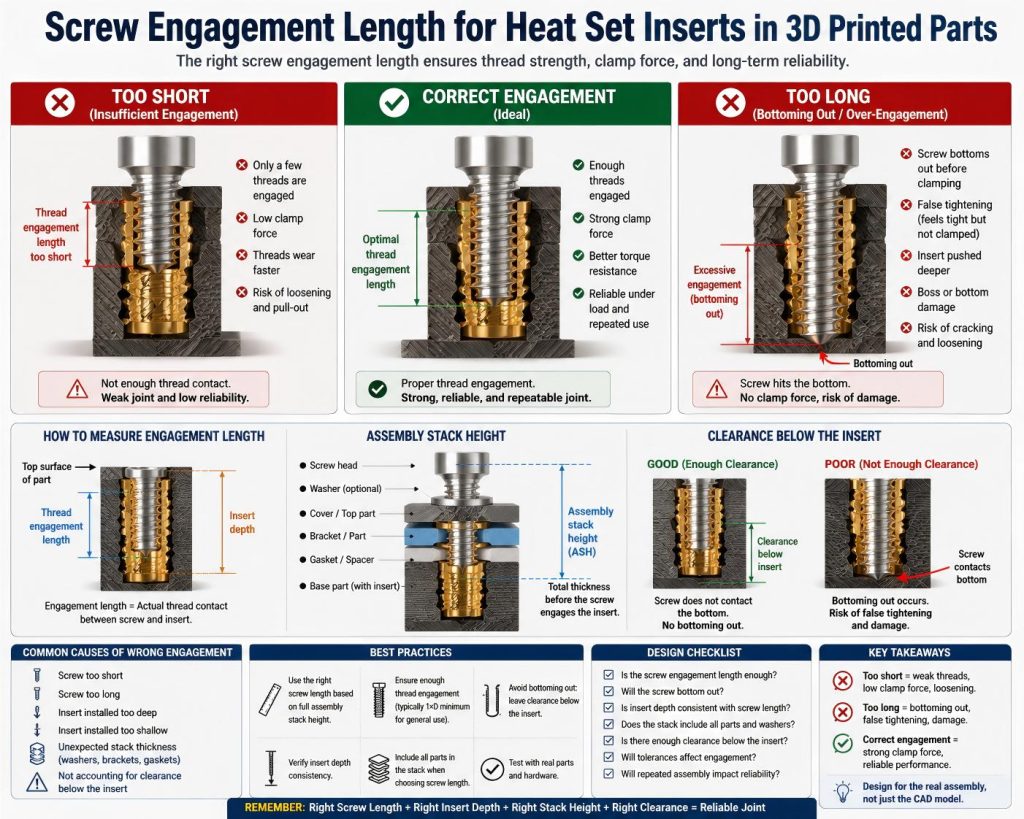 Technical engineering diagram showing screw engagement length for heat set inserts in 3D printed parts, including thread contact length, screw length, insert depth, assembly stack height, clamp force, clearance below the insert, too short engagement, correct engagement, and bottoming out failure.