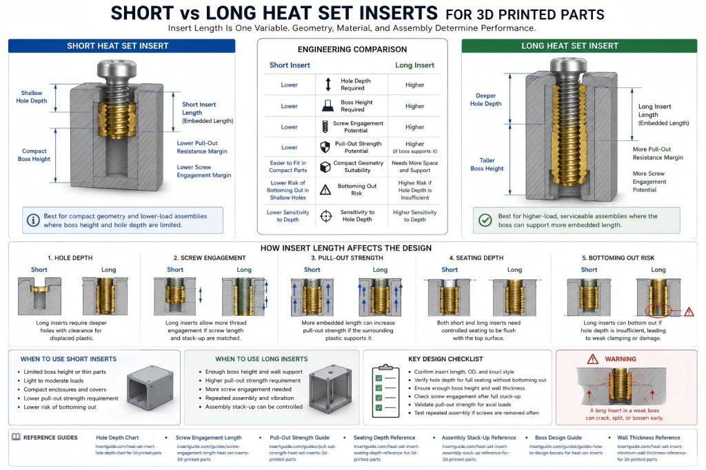 Technical diagram comparing short and long brass heat set inserts in 3D printed plastic bosses, showing insert length, hole depth, boss height, screw engagement, pull-out support, seating depth, and bottoming out risk.