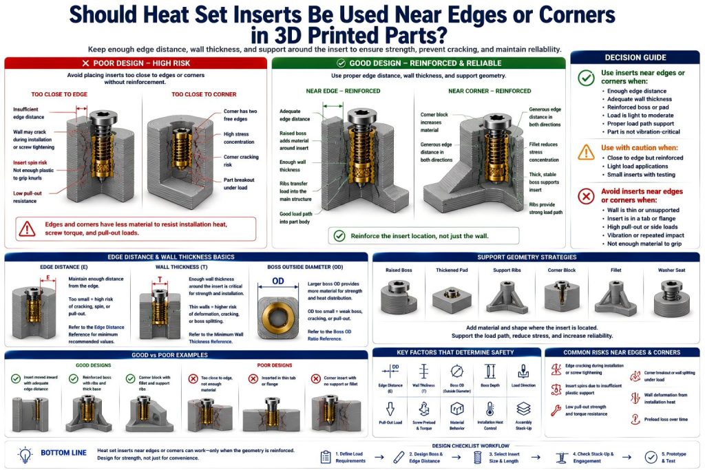 Technical diagram showing whether heat set inserts should be used near edges or corners in 3D printed parts, comparing poor edge placement with reinforced boss design, edge distance, wall thickness, corner support, load direction, screw preload, cracking, insert spin, and edge breakout risk.