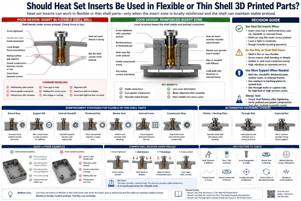 Technical diagram showing heat set inserts in flexible or thin shell 3D printed parts, comparing poor shell bending under screw preload with reinforced boss, ribs, standoff, internal frame, washer seat, gasket compression control, and through-bolt alternatives.