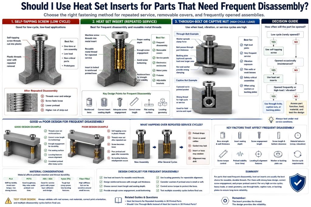 Technical diagram showing whether heat set inserts should be used for 3D printed parts that need frequent disassembly, comparing self-tapping screw wear, reusable metal insert threads, reinforced boss design, screw engagement, preload loss, locating geometry, and through-bolt or captured nut alternatives.