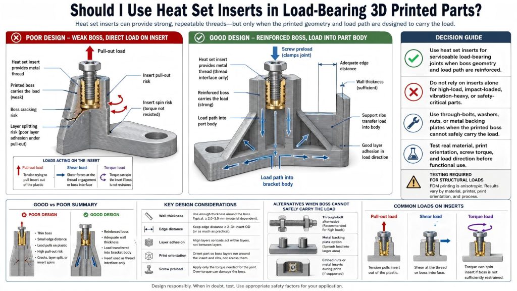 Technical diagram showing heat set inserts in load-bearing 3D printed parts, comparing weak boss failure with reinforced load path design, including pull-out load, shear load, torque resistance, screw preload, layer adhesion, through-bolt alternatives, boss cracking, and insert pull-out risk.