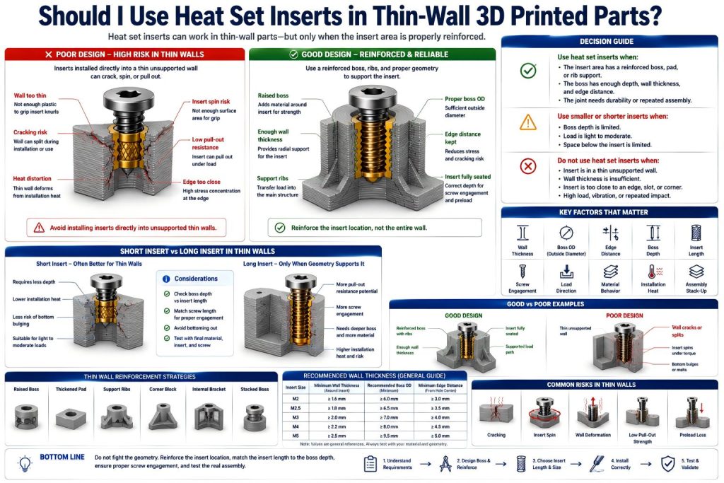 Technical diagram showing heat set inserts in thin-wall 3D printed parts, comparing unsupported thin-wall failure with reinforced boss design, wall thickness, edge distance, short insert choice, installation heat, screw preload, boss cracking, and insert spin risk.