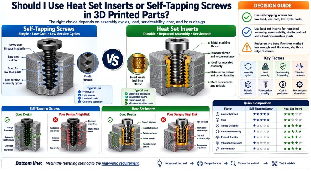 Technical diagram comparing heat set inserts and self-tapping screws in 3D printed parts, showing plastic threads, metal insert threads, boss design, screw preload, repeated assembly, serviceability, and common failure risks.