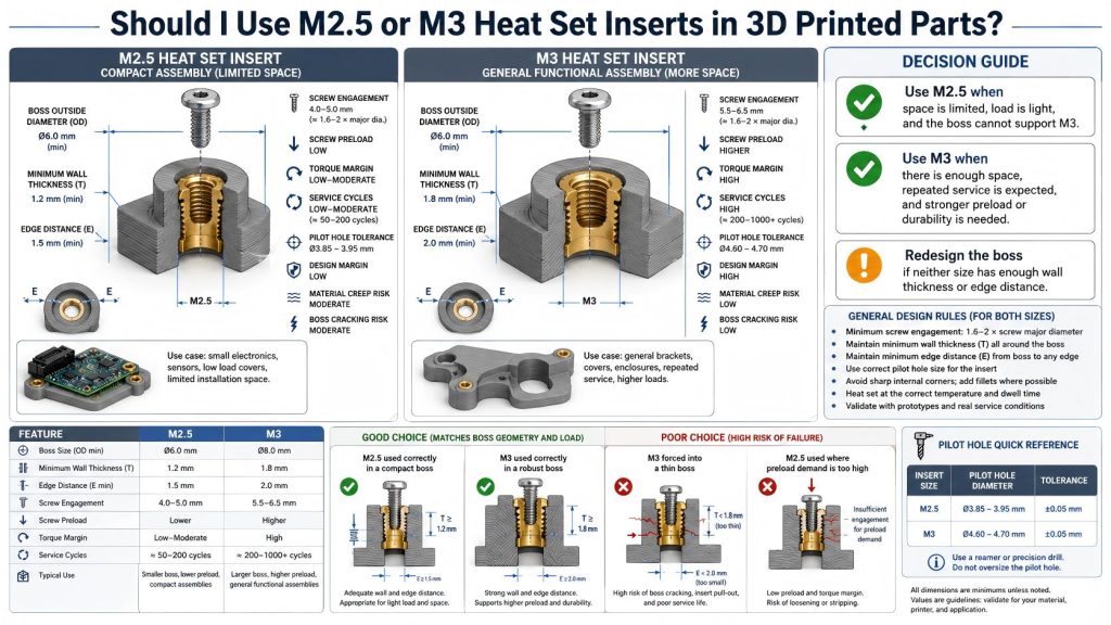 Technical diagram comparing M2.5 and M3 heat set inserts in 3D printed parts, showing boss size, wall thickness, screw preload, service cycles, compact assembly use, general bracket use, and selection risks.