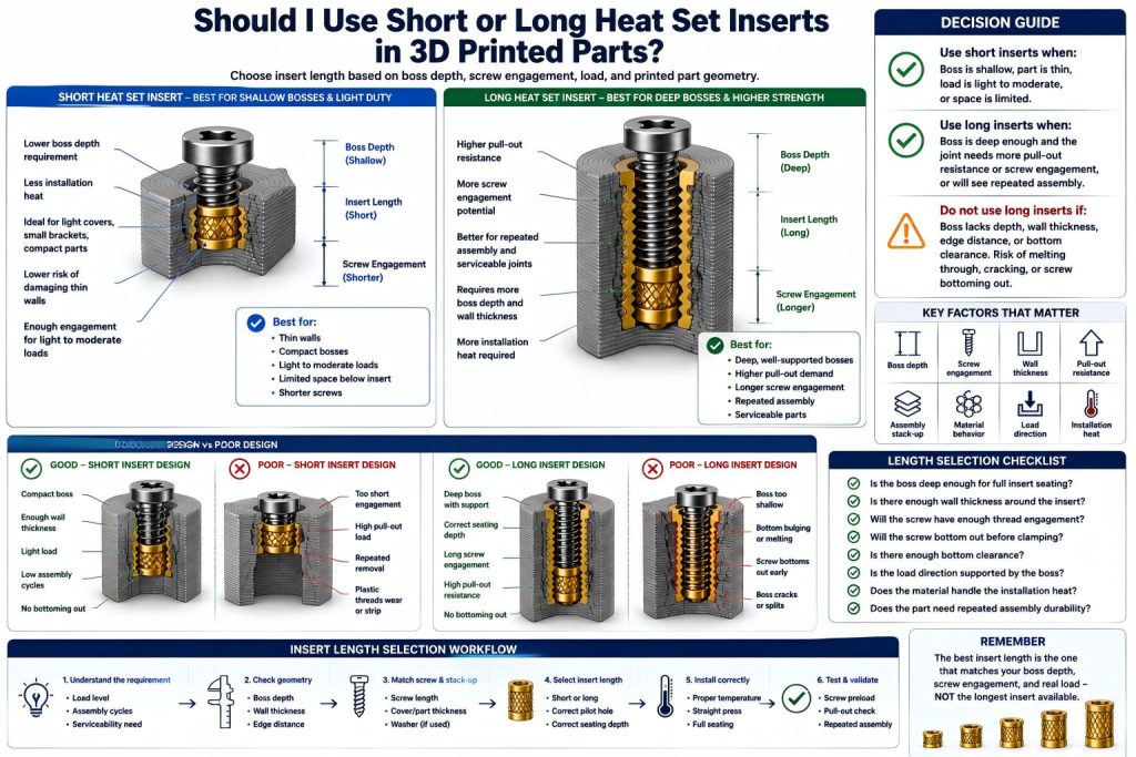 Technical diagram comparing short and long heat set inserts in 3D printed parts, showing boss depth, hole depth, screw engagement, seating depth, pull-out resistance, bottoming out risk, wall thickness, and insert length selection.