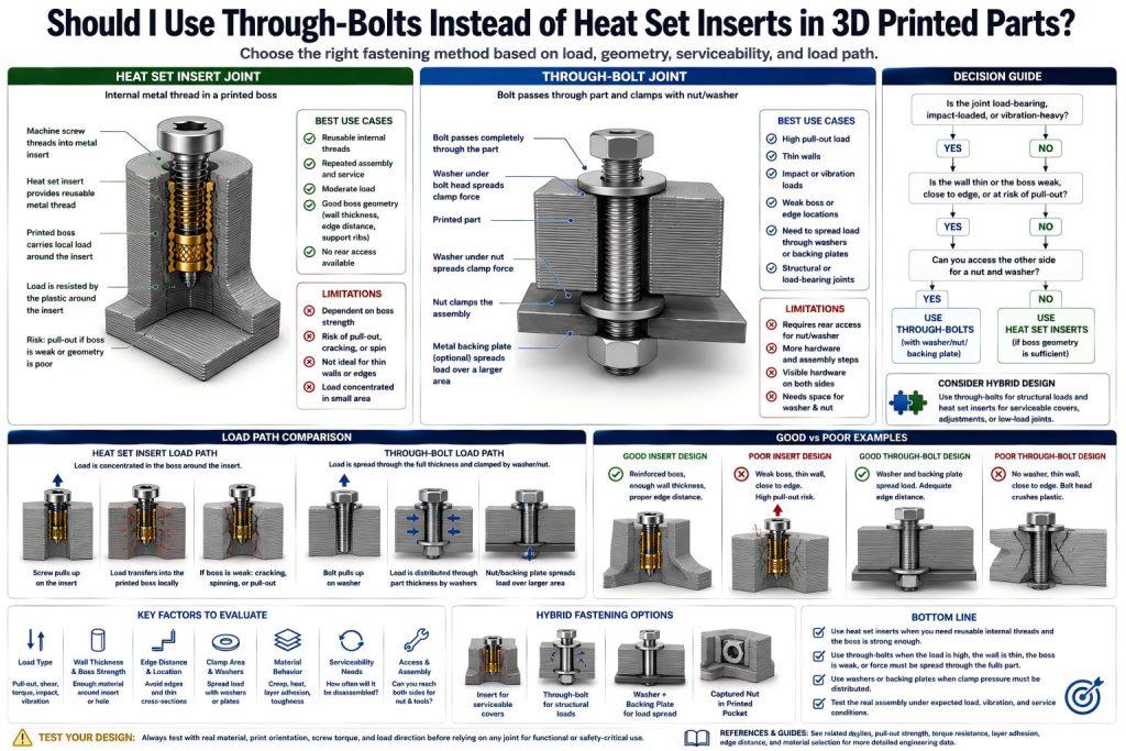 Technical diagram comparing through-bolts and heat set inserts in 3D printed parts, showing reinforced insert boss design, through-bolt with washer and nut, metal backing plate, load spreading, pull-out risk, thin-wall support, edge distance, and hybrid fastening options.