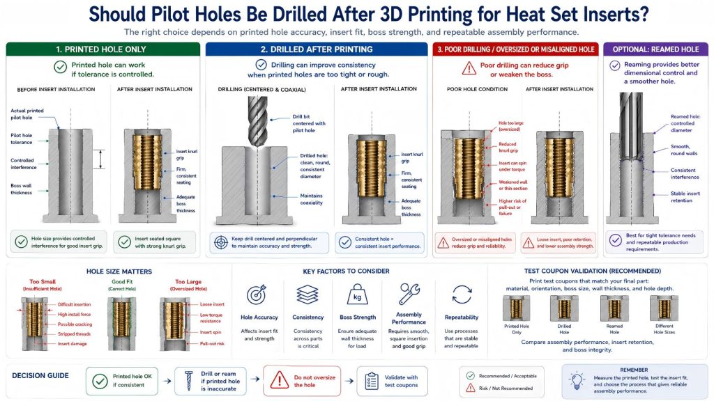 Technical FAQ diagram comparing printed pilot holes, drilled holes, and reamed holes for heat set inserts in 3D printed parts, showing hole tolerance, insert grip, boss wall thickness, and oversized hole risk.