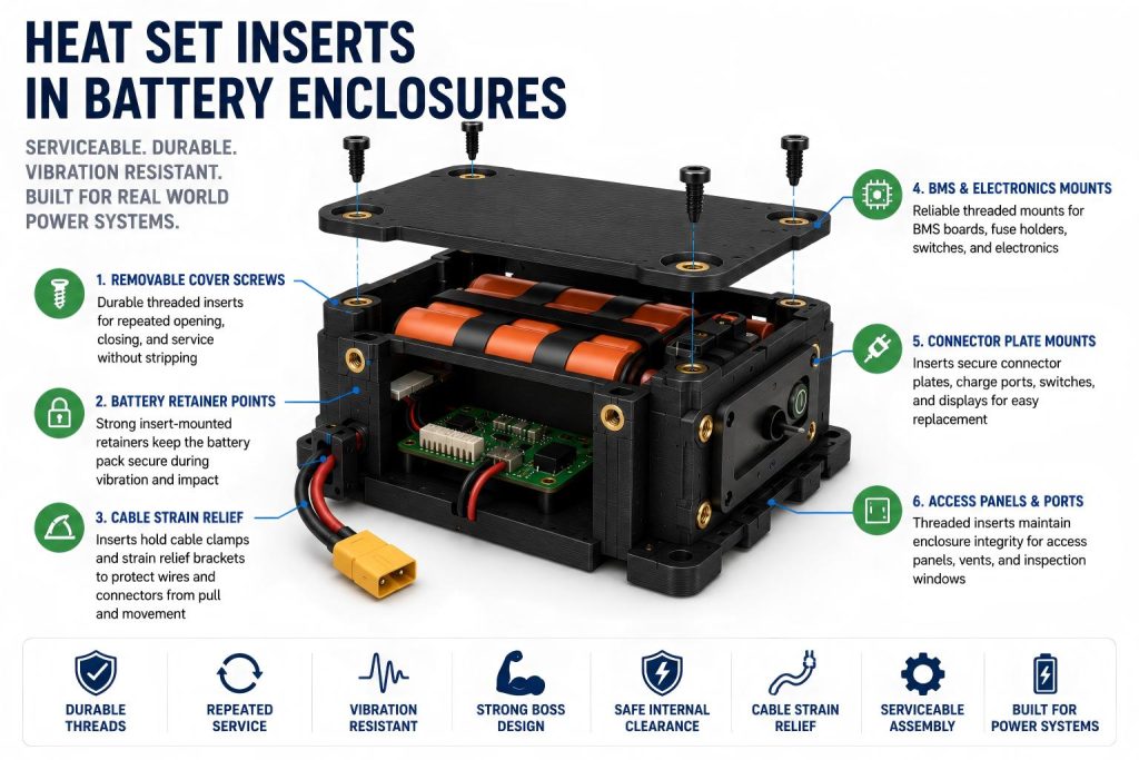 Simplified 3D printed battery enclosure with removable cover, battery retainer, cable strain relief, and brass heat set insert mounting points