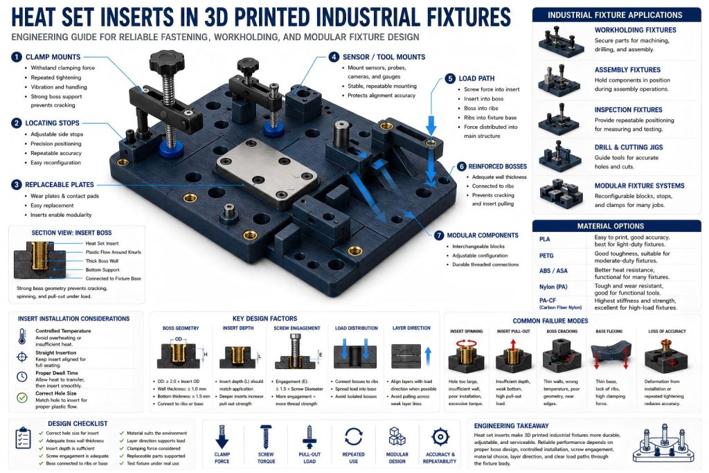 Simplified 3D printed industrial fixture with clamps, locating blocks, and brass heat set insert mounting points