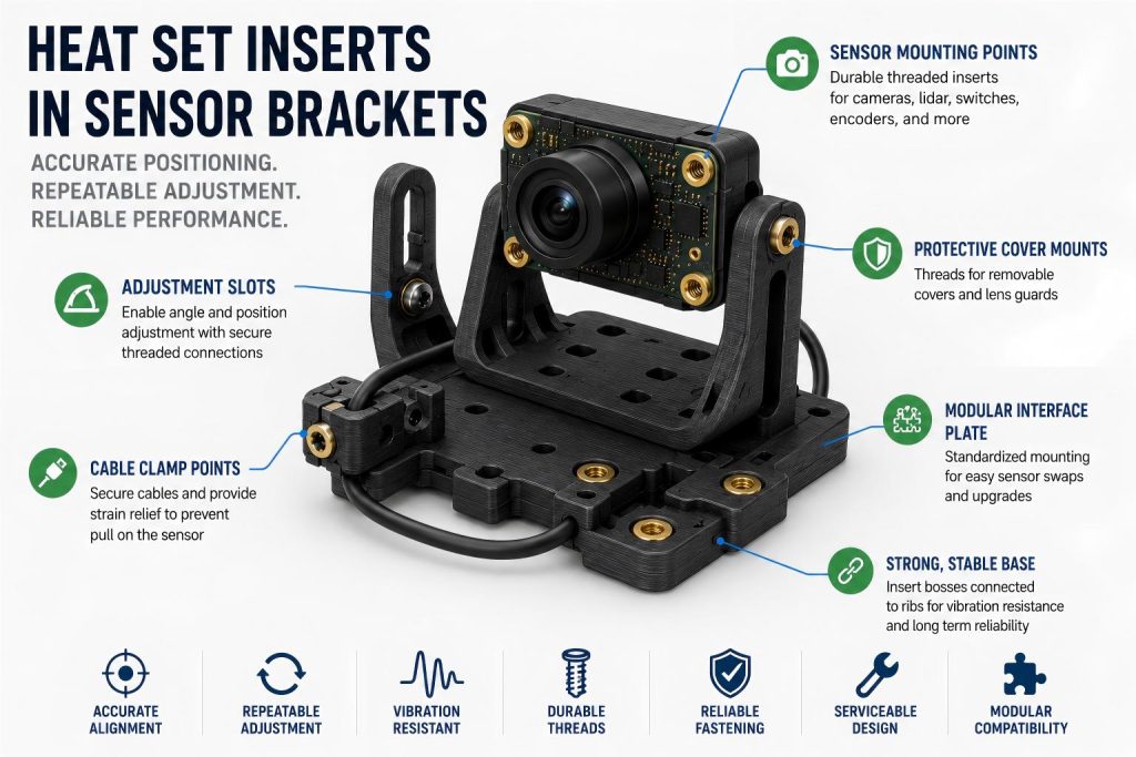 Simplified 3D printed sensor bracket with camera mount, cable clamp, adjustment slots, and brass heat set insert mounting points