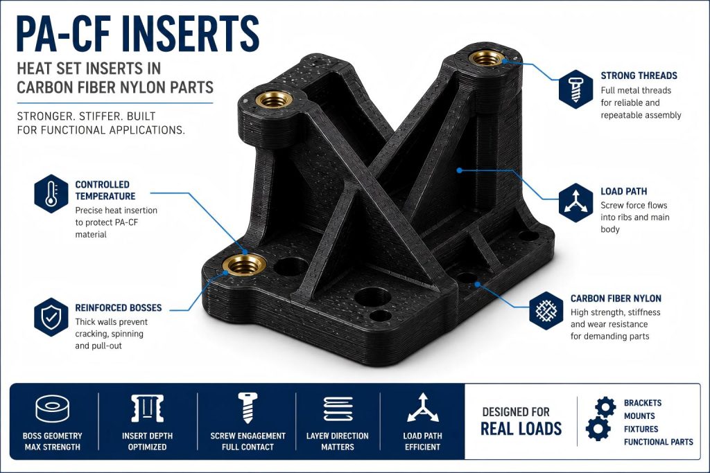 Simplified carbon fiber nylon 3D printed bracket with heat set insert mounting points