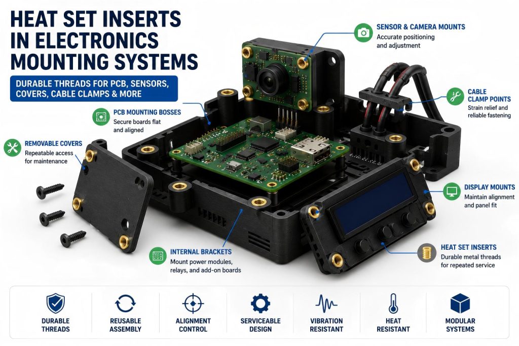 Simplified electronics mounting system with PCB bosses, sensor brackets, cable clamps, and brass heat set insert mounting points