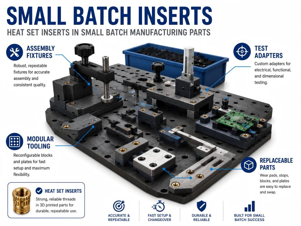Simplified small batch manufacturing workstation with 3D printed fixture blocks, modular plates, and brass heat set insert mounting points