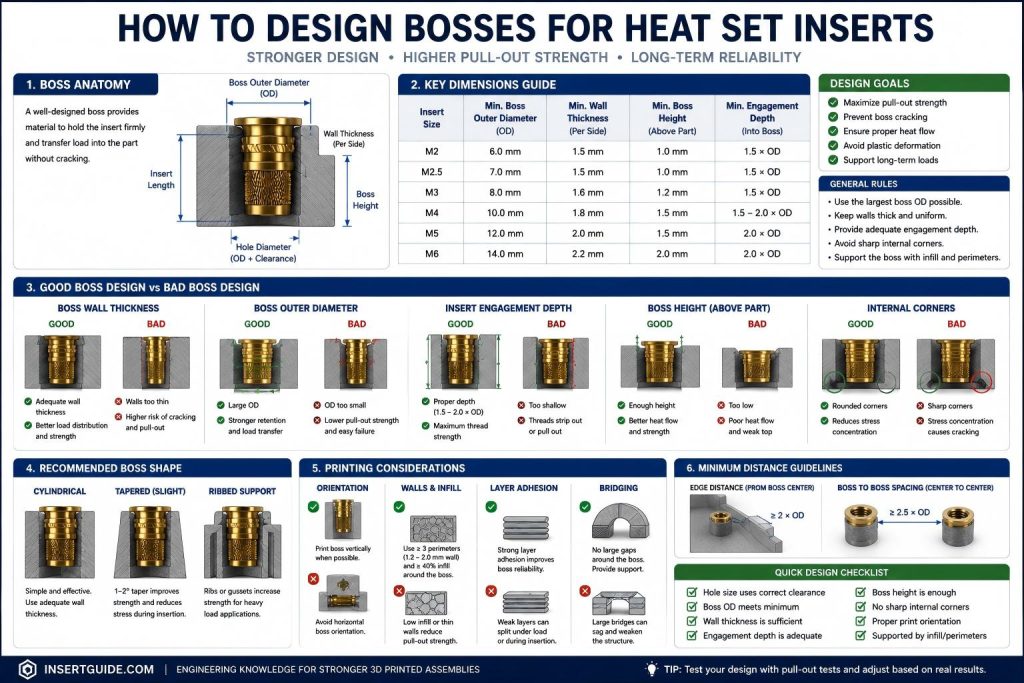 Technical engineering diagram showing correct boss design principles for heat set inserts in 3D printed parts, including wall thickness, boss outer diameter, engagement depth, pull-out strength, and good vs bad boss structures.