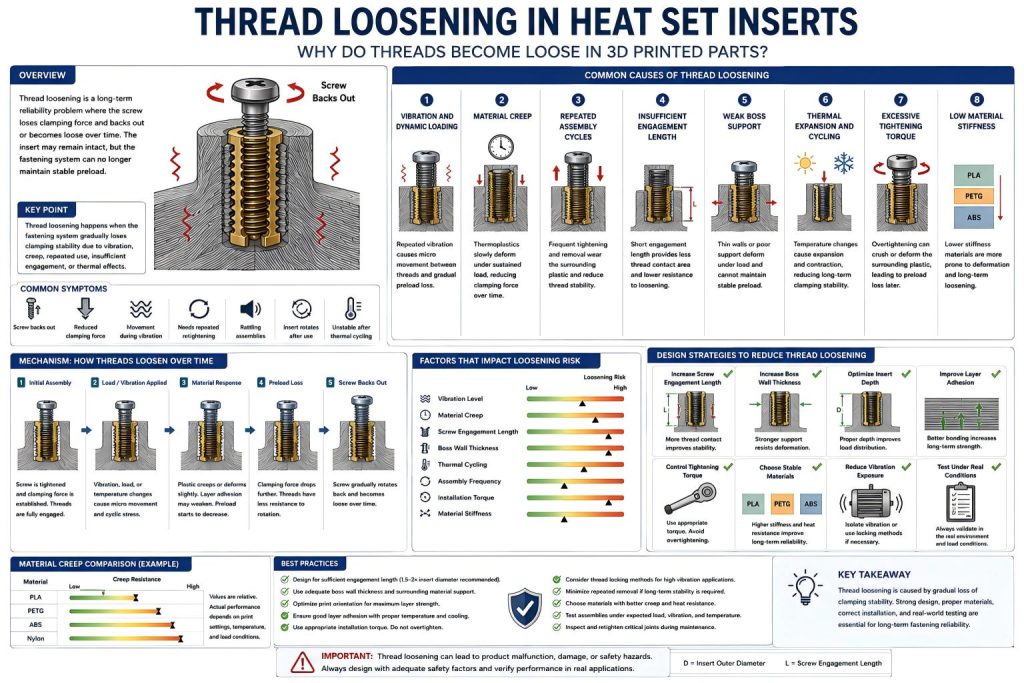 Engineering diagram showing thread loosening causes in heat set inserts used in 3D printed parts