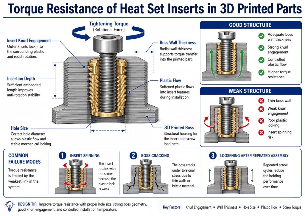 Technical engineering diagram showing torque resistance of heat set inserts in 3D printed parts, including screw tightening torque, insert knurl engagement, boss wall thickness, hole size, plastic flow, material behavior, and common failure modes such as insert spinning, boss cracking, and loosening after repeated assembly.