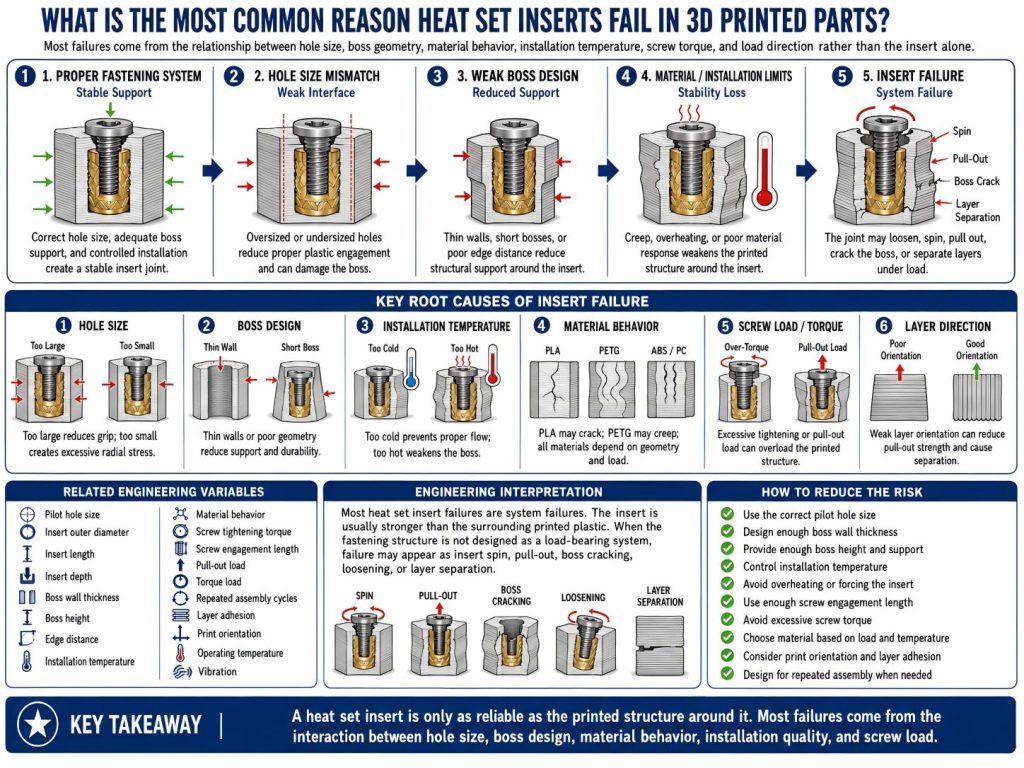 Engineering diagram showing the most common reasons heat set inserts fail in 3D printed parts, including hole size mismatch, weak boss design, material creep, installation temperature, screw torque, and layer adhesion.