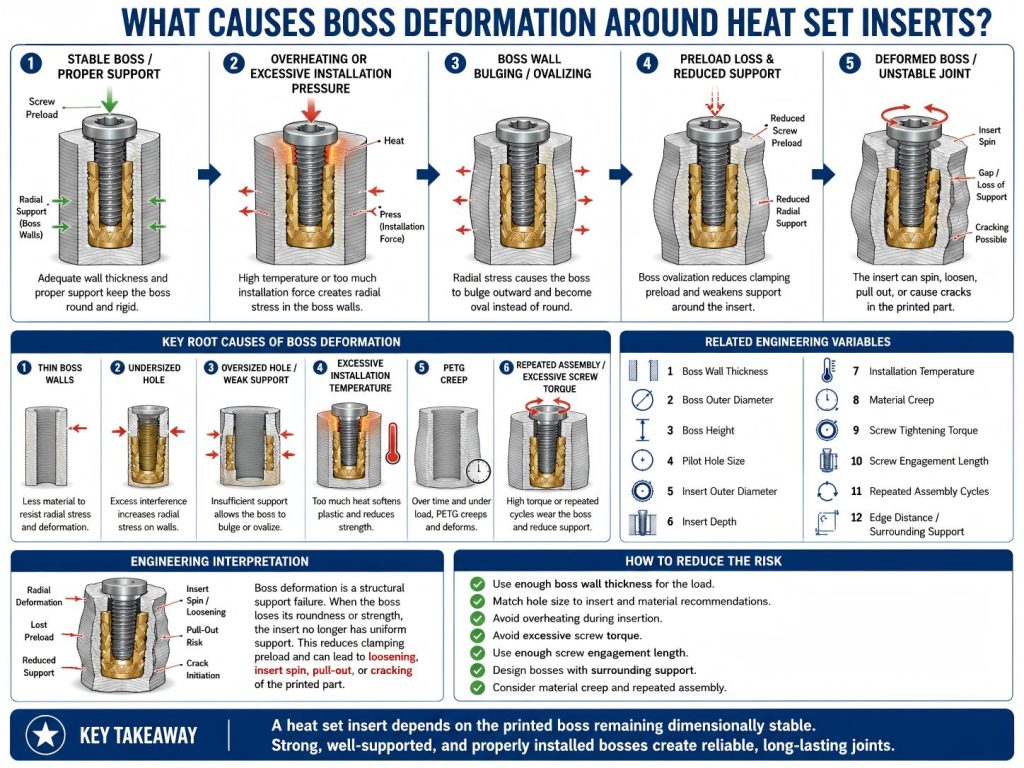 Engineering diagram showing boss deformation around heat set inserts due to thin boss walls, installation temperature, hole size problems, PETG creep, screw preload, and repeated assembly.