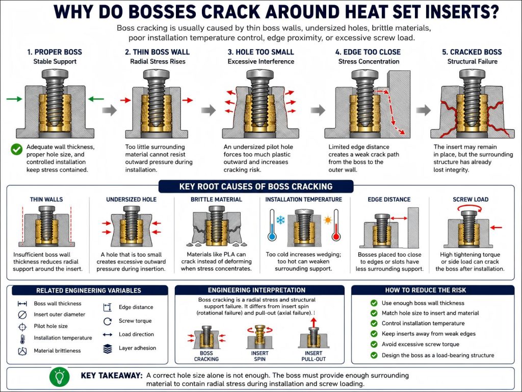 Engineering diagram showing why bosses crack around heat set inserts in 3D printed parts due to thin boss walls, small pilot holes, brittle materials, installation pressure, and screw load.