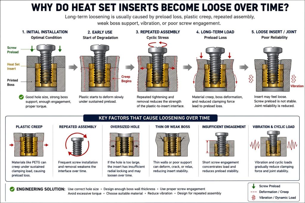 Engineering diagram showing why heat set inserts become loose over time in 3D printed parts due to preload loss, PETG creep, repeated assembly, boss deformation, and screw torque.
